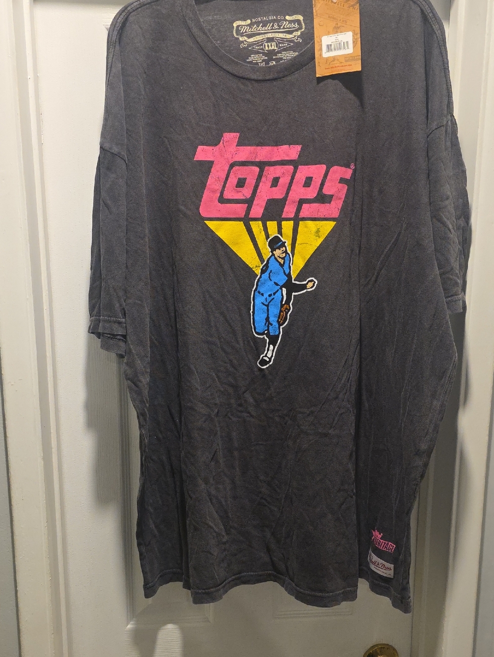 Mitchell & Ness Black Tee with Pink, Yellow & Blue Topps Graphic
